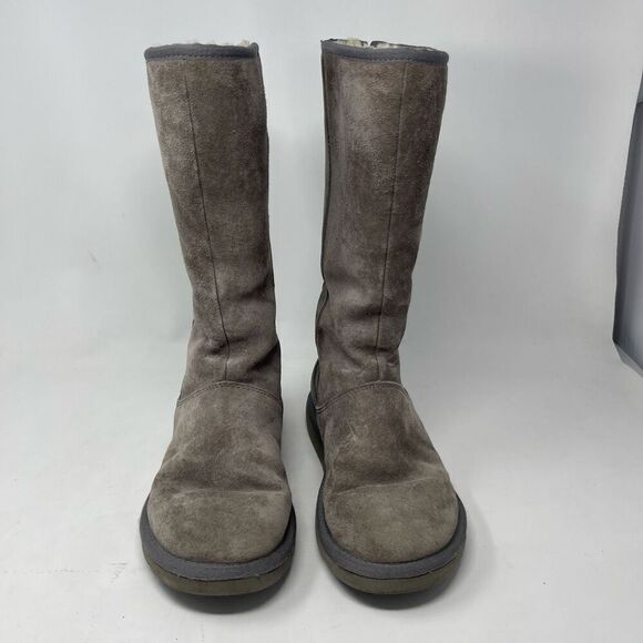 UGG Taupe Gray Knightsbridge Back Zip Sheepskin Shearling Tall Suede Boots Sz 7 - Picture 1 of 8